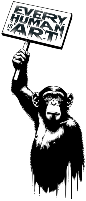Schimpanse und Schild - Every Human is Art.png