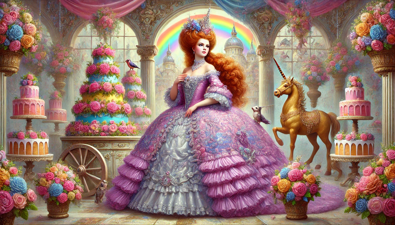 Datei:A fantastical rococo-style oil painting of Princess Vollbart, a regal figure with a flowing red beard, wearing a lavender ball gown adorned with spark.webp