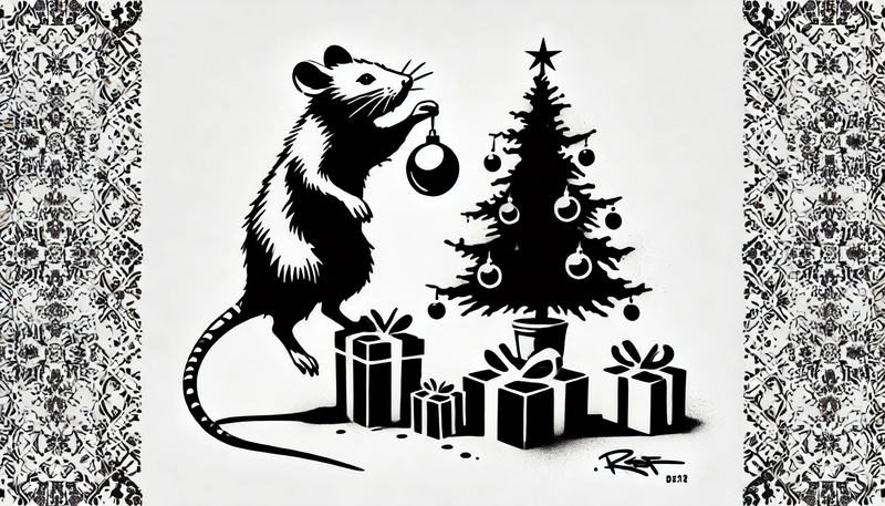 Datei:Banksy Christmas StreetArt 29.15 - A street art stencil-style depiction of a Christmas scene featuring a mischievous rat decorating a small Christmas tree. The rat is standing upright, .webp