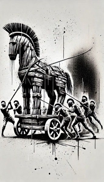 Datei:Das trojanische Pferd - A vertical street art stencil-style scene with a raw and gritty aesthetic, depicting the Trojans pulling the Trojan Horse, completely removing any ref.webp