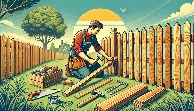 Datei:An illustration showing a skilled fence builder working on a wooden fence in a picturesque outdoor setting. The builder is using traditional tools lik.webp