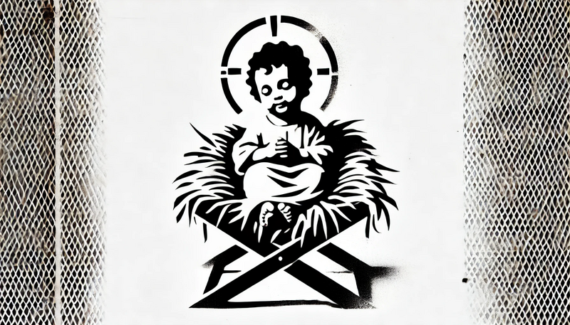 Datei:Banksy Christmas StreetArt 35.59 - A street art stencil style image of a small infant Jesus in a manger. The figure is surrounded by a minimalist halo to signify divinity. The artwork f.webp