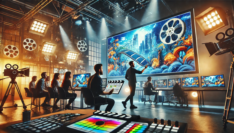 Datei:A cinematic scene showcasing a modern film production set a director examines a detailed storyboard in front of a large monitor displaying vibrant mo.webp