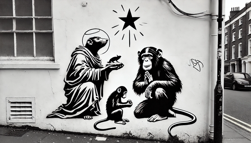 Datei:Banksy Christmas StreetArt 35.14 - A black and white stencil-style street art motif depicting a nativity scene with a modern twist. The scene features a rat holding a small gift as one .webp