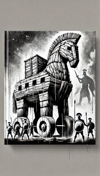 Datei:Trojanisches Pferd A book cover design for 'KAMPF UM TROJA' in Street Art Stencil style, in high contrast black and white with textured spray paint effects. The Trojan H.webp