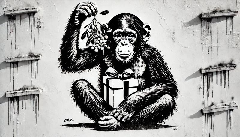 Datei:Banksy Christmas StreetArt 39.31 - A highly detailed street art stencil in black and white with hard contrasts and a pure white background. The motif features a chimpanzee sitting under.webp