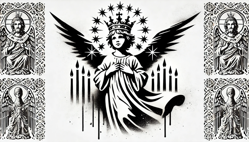 Datei:Banksy Christmas StreetArt 34.17 - A street art stencil-style depiction of a Christkind figure, portrayed as a youthful angelic character with a crown of candles and flowing robes, in h.webp