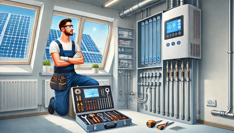 Datei:An illustration of a professional heating engineer working on a modern heating system in a residential building. The scene includes a digital control.webp