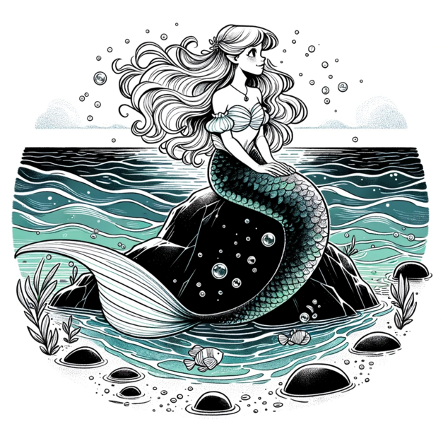 Datei:Die kleine Meerjungfrau - A reimagined illustration of The Little Mermaid for a children's book. The character sits gracefully on a rock in the sea, her tail glittering in the.png