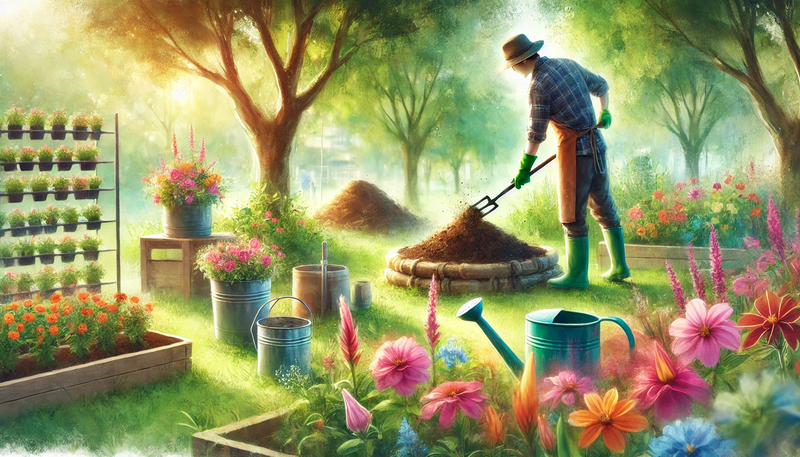 Datei:A vibrant garden scene showing a gardener planting colorful flowers in the foreground. In the background, there are trees, a compost heap, and various.webp