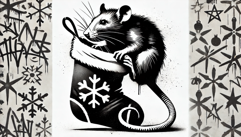 Datei:Banksy Christmas StreetArt 39.43 - A highly detailed street art stencil in black and white with hard contrasts and a pure white background. The motif features a rat sitting on a Christm.webp