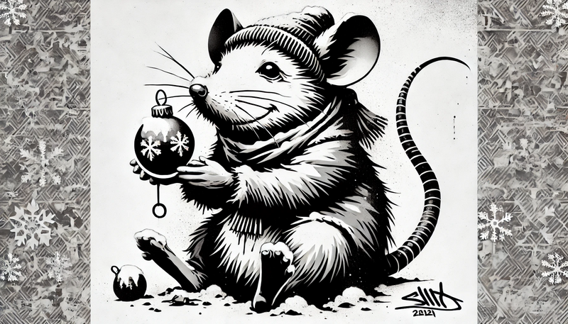 Datei:Banksy Christmas StreetArt 37.55 - A highly detailed street art stencil in black and white with hard contrasts and a pure white background. The motif features a whimsical rat holding a .webp