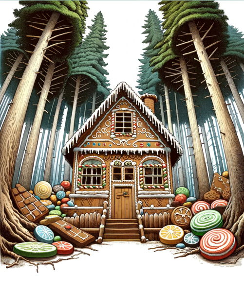 Datei:Hänsel und Gretel - A gingerbread house in a forest, viewed from a low frog's perspective, giving prominence to the house and the towering trees. The house is richly deco Kopie.png