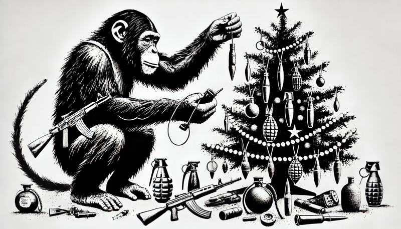 Datei:Banksy Christmas StreetArt 14.58.59 - A highly detailed street art stencil in black and white with hard contrasts and a pure white background. The motif features chimpanzees intensely focu.webp