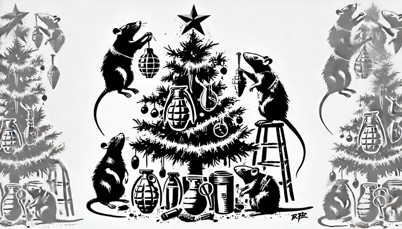 Datei:Banksy Christmas StreetArt 14.58.29 - A Christmas scene in a street art stencil style featuring rats decorating a Christmas tree. The rats are hanging war gear instead of traditional ornam.webp