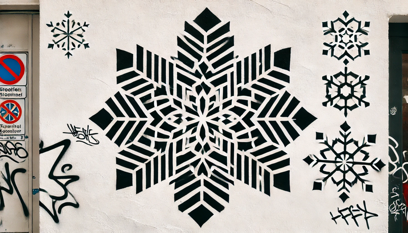 Datei:Banksy Christmas StreetArt 39.02 - A minimalist street art stencil design featuring three snowflakes in high contrast black and white. The snowflakes have intricate, geometric patterns .webp