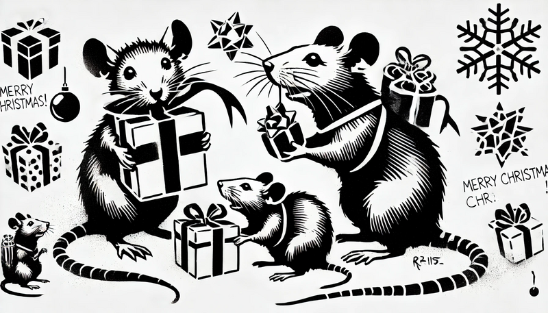 Datei:Banksy Christmas StreetArt 37.25 - A Christmas-themed street art stencil-style image featuring rats. The rats are interacting with Christmas gifts, with one rat holding a ribbon, anothe.webp