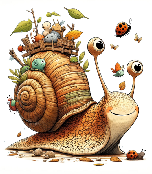 Datei:Rirarutsch Schneckenpost - An illustration for a children's book featuring a heartwarming scene with a snail transporting other small animals. The snail is large and cartoonish,.png