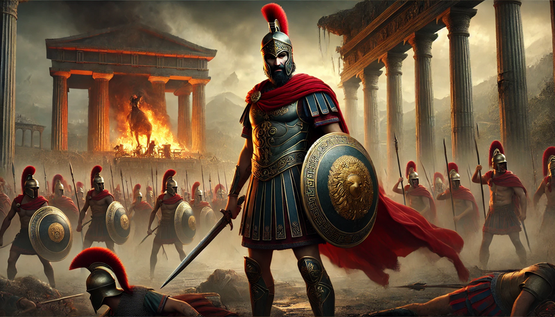 Datei:A historical scene depicting the King of Sparta, Menelaus, during the Trojan War. He is shown in full Greek armor, with a red-crested helmet and a gol.webp
