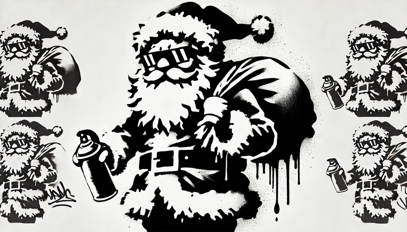 Datei:Banksy Christmas StreetArt 34.26 - A black and white street art stencil style image of a Santa Claus figure, depicted in a cheeky or rebellious manner. The Santa is holding a sack over .webp