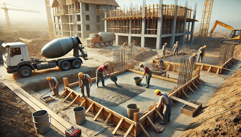 Datei:A construction site with workers laying the foundation for a house. The scene includes a concrete mixer, workers pouring concrete into a wooden framew.webp