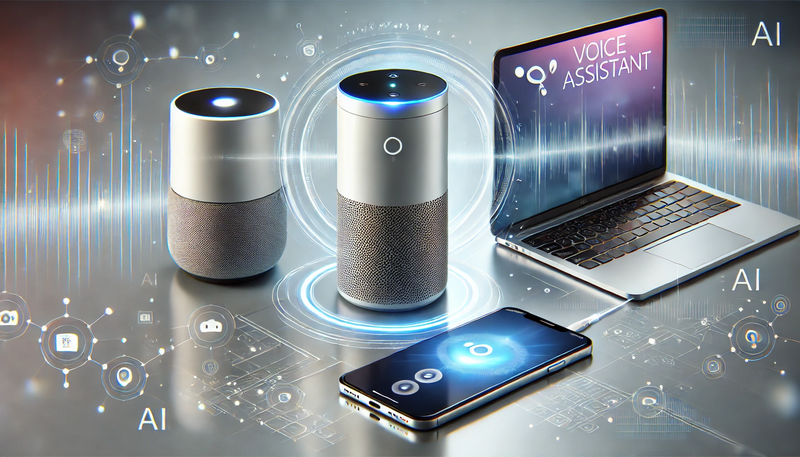 Datei:KI Sprachassistent - An image of modern voice assistants like a sleek smart speaker, a smartphone displaying a voice assistant interface, and a laptop, all connected with.webp