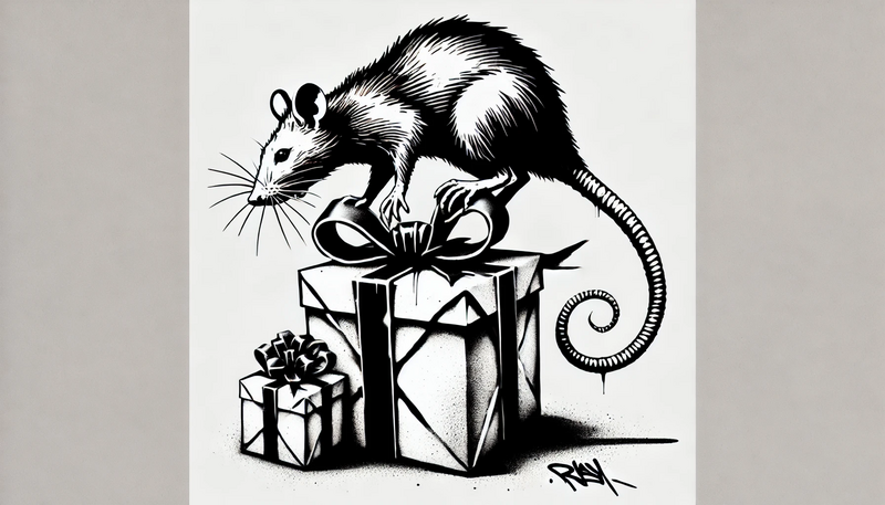 Datei:Banksy Christmas StreetArt 38.08 - A highly detailed street art stencil in black and white with hard contrasts and a pure white background. The motif features a rat climbing onto a wrap.webp
