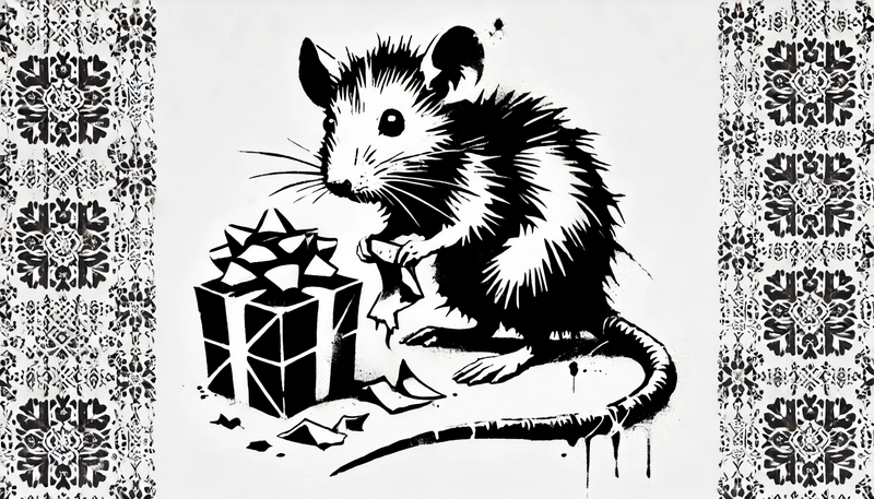 Datei:Banksy Christmas StreetArt 39.37 - A street art stencil-style image featuring a scruffy, disheveled rat next to a torn-open Christmas gift. The rat looks mischievous, with a piece of wr.webp