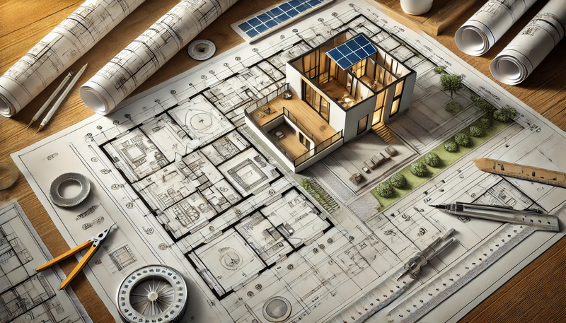Datei:A detailed architectural blueprint showing the design and planning of a modern house, with floor plans, elevations, and technical annotations. The ima.webp