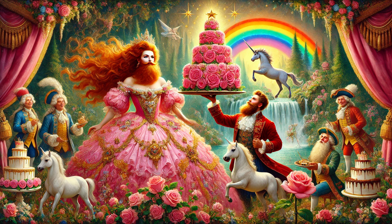 Datei:A vibrant Rococo-style oil painting depicting Princess Vollbart, a regal woman with a flowing red beard, wearing a pink ballgown adorned with golden s.webp