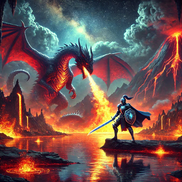 Datei:A mystical scene of a brave knight in shiny diamond armor standing before a gigantic fiery dragon near a glowing lava lake surrounded by volcanic moun.webp